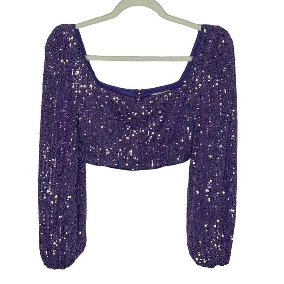 Faeriesty Purple Sequin Balloon Sleeve Crop Top - Picture 2 of 12